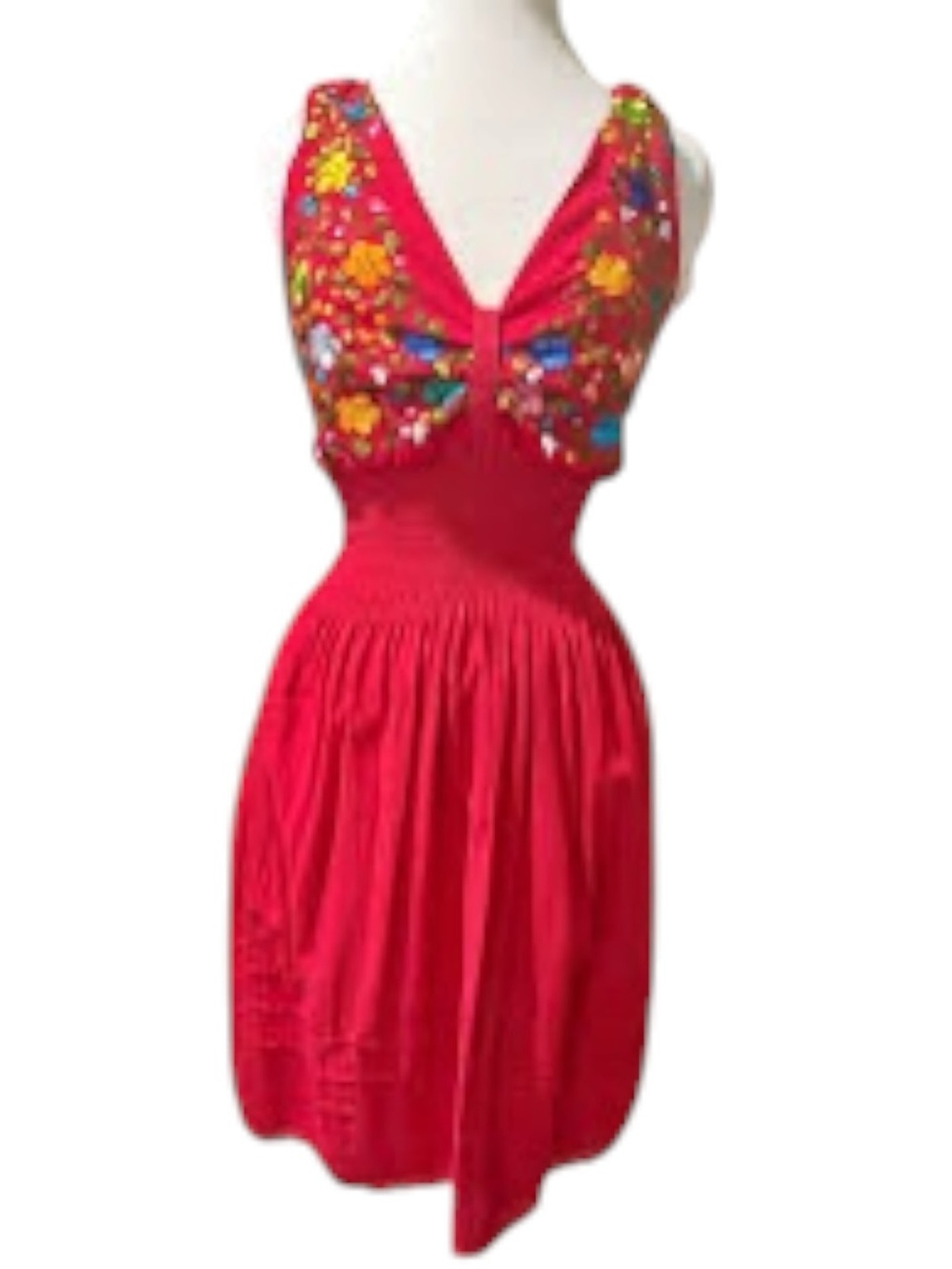 Mexican Boho Embroidered Red Dress Small Floral Embroidery Pinup Retro Dress - Picture 6 of 7